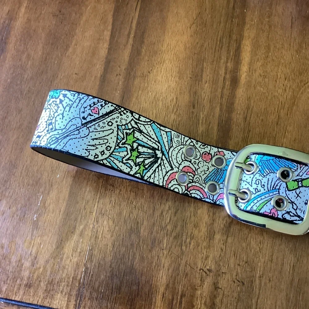 Faux Leather 1-3/4” Doodle Print Belt, Medium Skull Angel Wings Stars Pop‎ Art